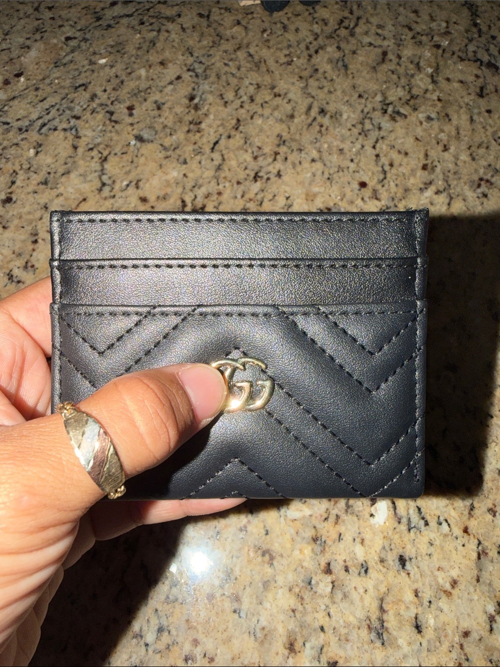 Black Quilted Leather Card & Key Holder with Gold Double G